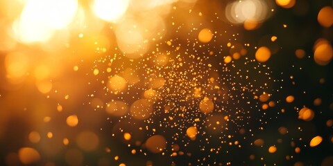 Golden particles floating in the air with bokeh effect and sun shining