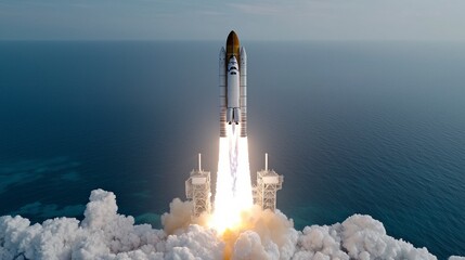 Obraz premium Space Shuttle Launch Rocket Ascending Over Ocean