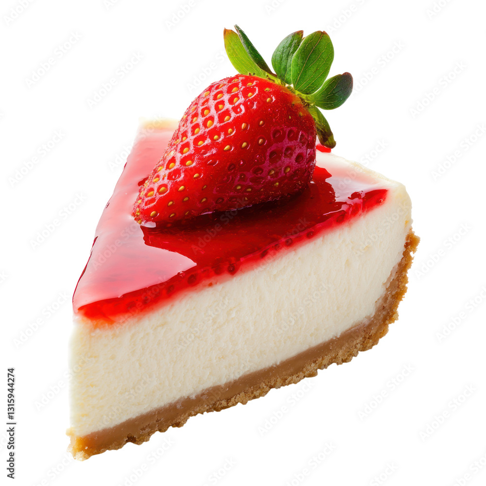 Poster slice of cheesecake with strawberry topping on transparency background
