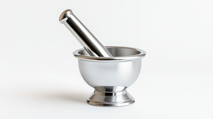 High-resolution image of a stainless steel mortar and pestle set against a white backdrop, perfect for e-commerce, catalogs, and traditional cooking branding