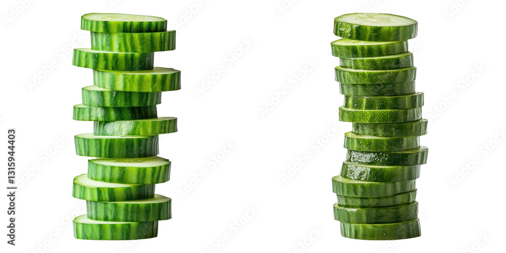 Poster slices of fresh cucumber stacked in two tall piles