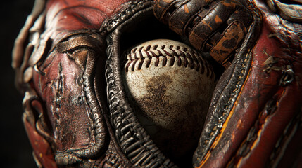 Close-up of a baseball resting inside a premium leather glove on a wooden surface ideal for sports and training
