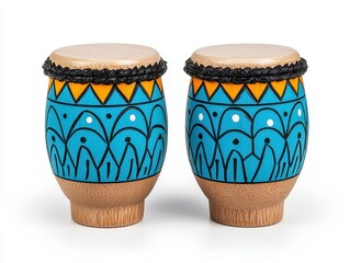 Two beautifully crafted wooden djembe drums isolated on white background showcasing natural beauty and artistry