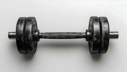 Fototapeta premium Well-used black dumbbell with textured plates and a slightly worn handle, isolated on a light gray background