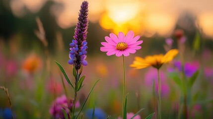 Vibrant Wildflower Meadow at Sunset: Colorful Blossoms in Soft Evening Light