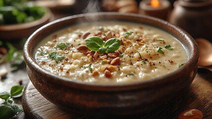 Cozy and inviting scene with a steaming bowl of creamy nutty soup in an antique clay dish