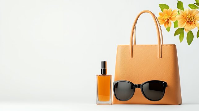 Tan Leather Handbag with Sunglasses and Perfume Bottle on White