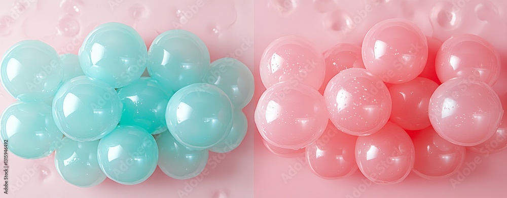 Poster a vibrant array of colorful, reflective balls dispersed over a surface, presenting a playful and hap