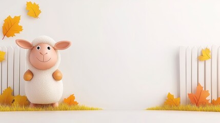 Adorable Cartoon Sheep in Autumnal Setting with White Fence and