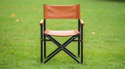 A stylish folding chair with a brown seat and backrest, set on a lush green lawn, offering a comfortable seating option for outdoor relaxation.