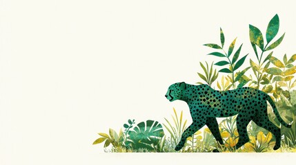 Teal Cheetah Walking Through Lush Green and Yellow Foliage