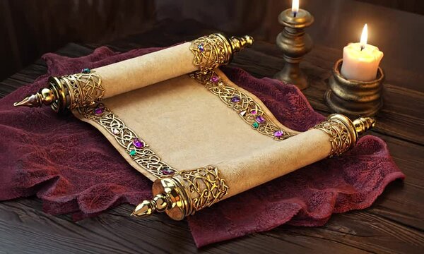 A beautifully decorated parchment scroll with gems and candle in an antique setting.