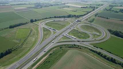 Aerial View of Highway Interchange Surrounded by Lush Green Fields in a Rural Landscape