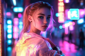 Beautiful young woman in a cyberpunk street scene, wearing a stylish, glowing jacket over a slim, sexy outfit, half-body shot, neon signs and holograms lighting up the urban environment