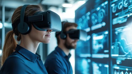Innovative business technologies professionals using vr in modern office environment engaging with data insights