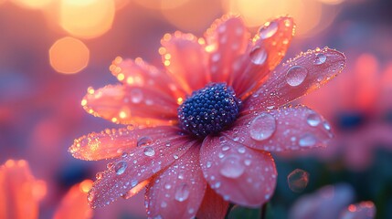 Beautiful close-up of a pink flower with dew drops and glowing bokeh in the background during sunrise