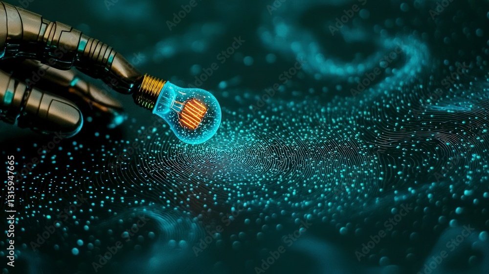 Poster robotic hand glowing lightbulb innovation technology ai network