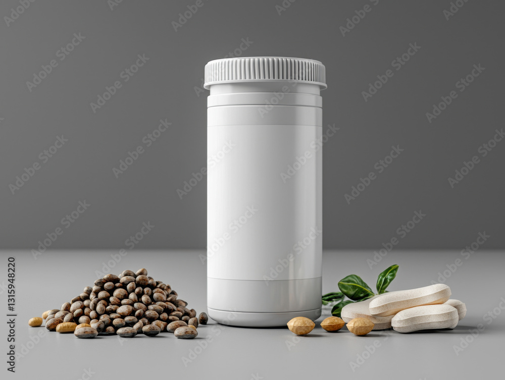 Poster bottle of pills next to an assortment of nuts emphasizing protein intake and nutritional benefits in