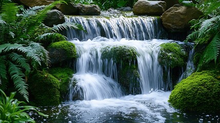 Fototapeta premium Serene cascading waterfall flowing over moss-covered rocks in a lush green garden.