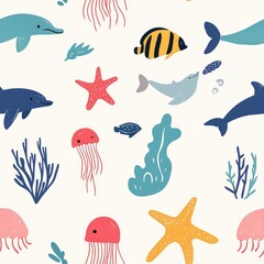 Colorful Aquatic Life Pattern with Dolphins, Fish, Starfish, and Corals