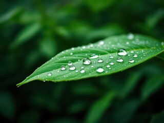 Fototapeta premium A close-up of a fresh green leaf with water droplets, showcasing nature's beauty, ideal for environmental or natural designs.