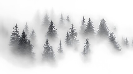 Fototapeta premium Misty forest, aerial view of evergreen trees shrouded in fog.
