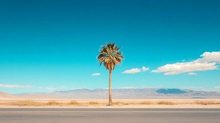 Obraz premium Lone palm tree on desert highway under vibrant blue sky.