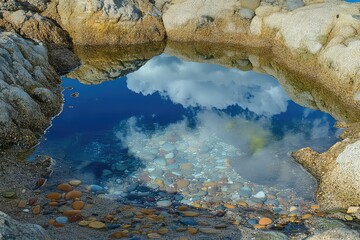 A tide poolâ€™s water resembling liquid crystal, reflecting the sky perfectly.