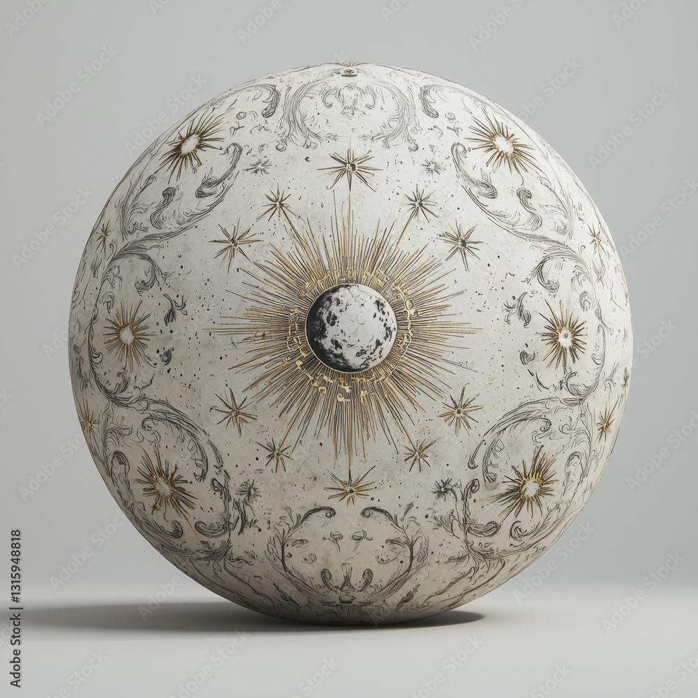Poster decorative object featuring a realistic 3d moon surrounded by whimsical 2d star doodles against a si