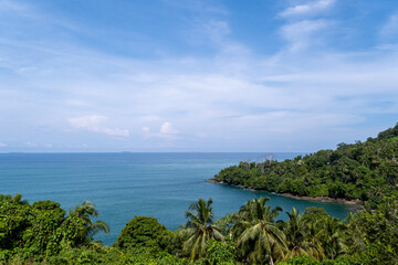Lush tropical coastline of Gunuang Padang, Padang, West Sumatra, Indonesia, featuring a mix of vibrant green foliage and bare trees overlooking the calm blue ocean