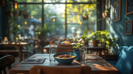 Delicious thick soup with a deep golden hue and nut toppings in a cozy rustic dining space