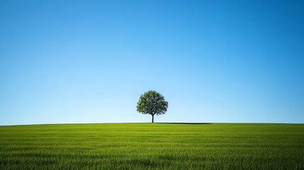 Solitary tree on green field under blue sky.
