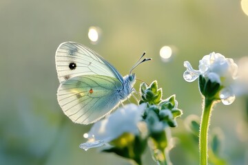 Naklejka premium A tiny butterfly with pearlescent wings reflecting light beautifully.