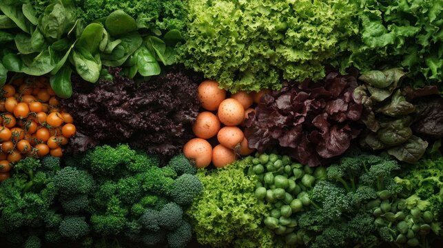 Fresh vegetables arranged in a vibrant wall. Display for healthy eating