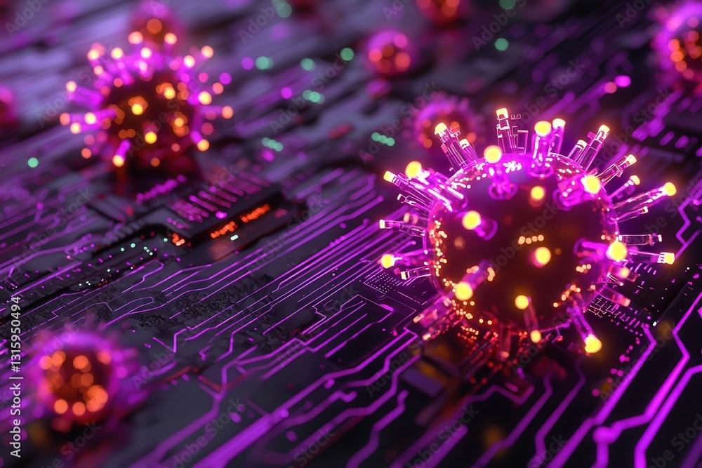 Poster abstract digital representation of virus with circuit board background