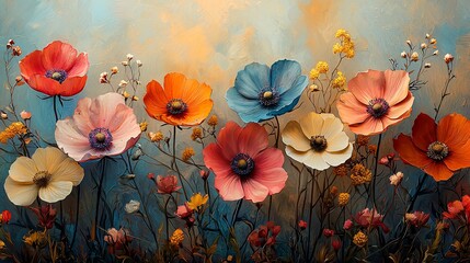 Beautiful Floral Arrangement with Colorful Poppies and Wildflowers Against a Soft Blue Background