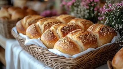 Warm freshly baked bread arranged in a basket with a white cloth accented by soft floral details