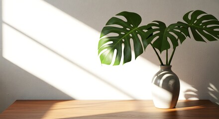 Elegant Green Leaf Plant in a White Vase on Wooden Table