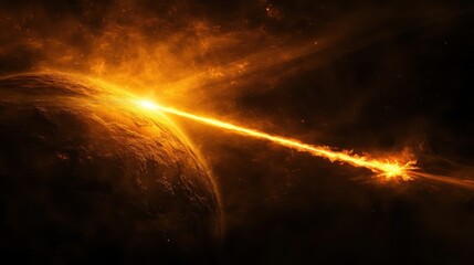 Fiery Cosmic Explosion: Planet Engulfed in Intense Orange Light Beam