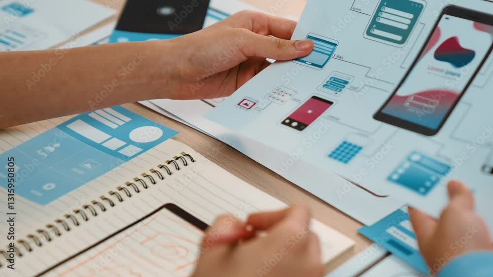 Poster panorama video of startup company employee planning on user interface prototype for mobile applicati