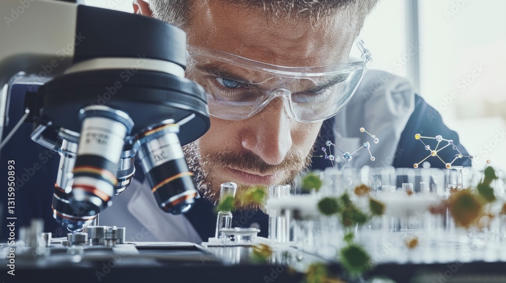 Poster scientist using high tech microscope research lab science discovery technology exper
