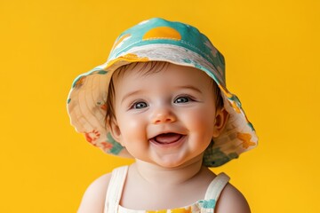 Adorable baby wearing a patterned sun hat smiling widely