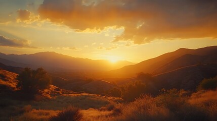 Obraz premium Golden sunset over rolling hills and mountains.