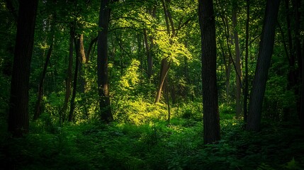 Fototapeta premium Sunlit forest scene with lush green foliage and tall trees creating a dramatic, moody atmosphere.