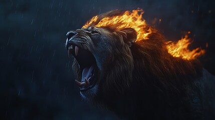 Naklejka premium Fiery lion roaring in rain.