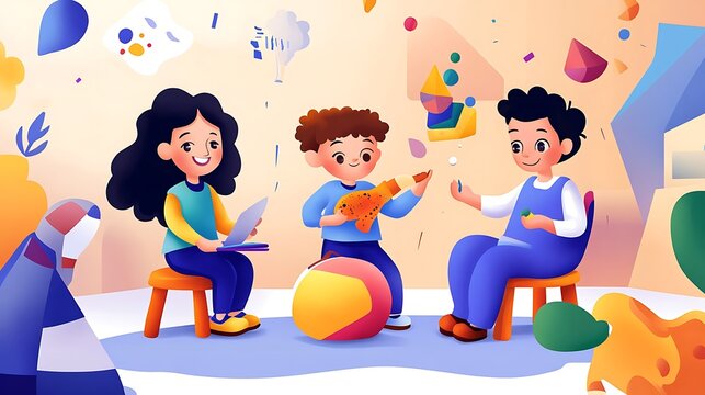 Playful Children's Digital Illustration: Creative Playtime in a Vibrant Room AI Generated