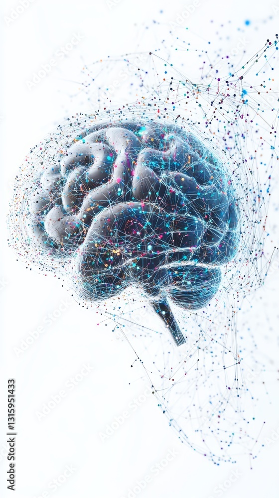 Poster this abstract digital art piece features a human brain highlighted by intricate neural connections. 