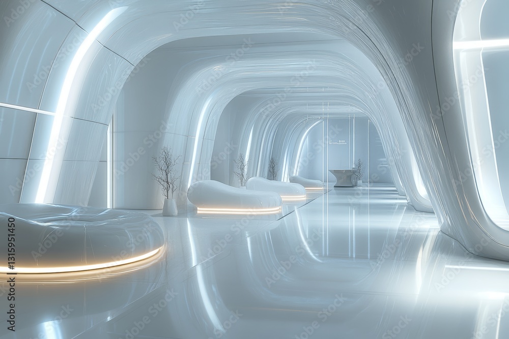 Poster this image showcases a futuristic minimalist interior featuring smooth curves and soft lighting, cre