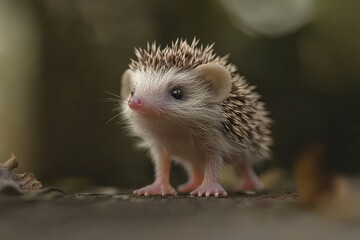 A tiny hedgehog with soft pink feet, standing still.