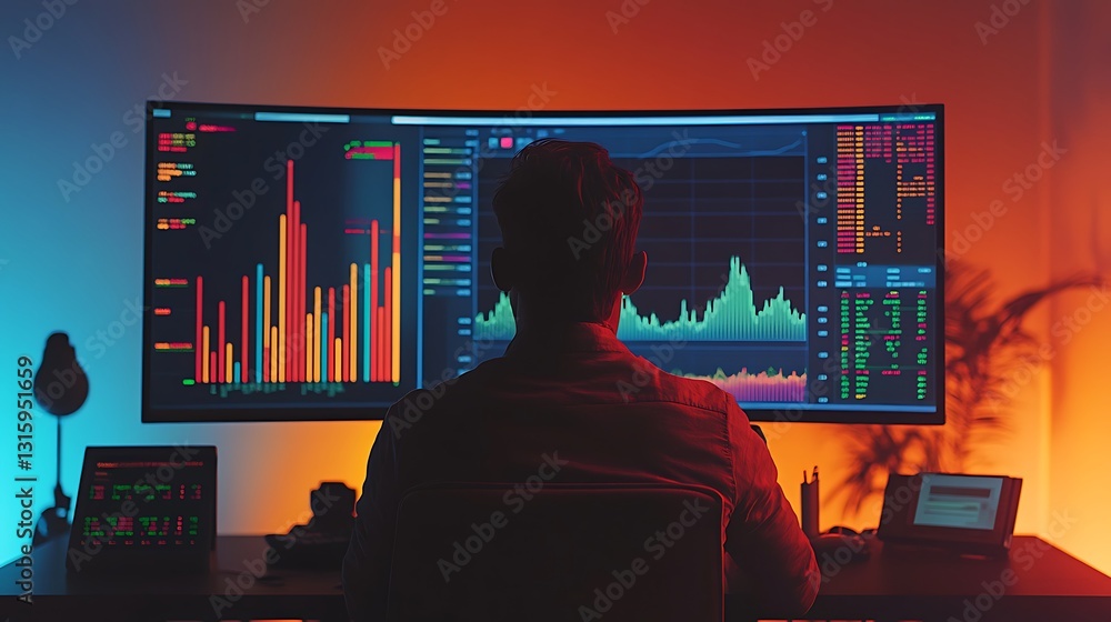 Poster man analyzing financial data on large monitor in dimly lit room.